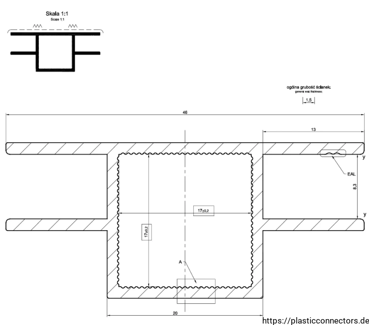 Aluminium-Spezialprofil, Quadratrohr + 2U gerade, 20x20x1,5 mm