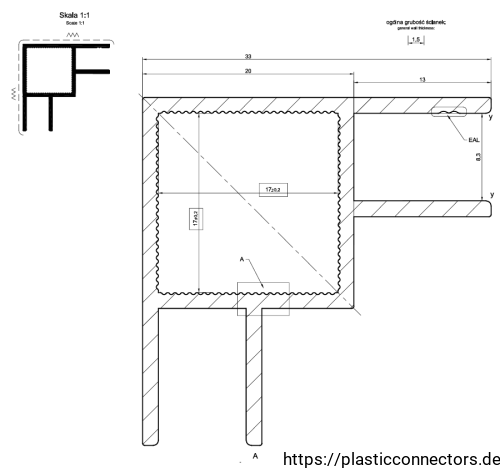 Aluminium-Spezialprofil, Quadratrohr + 2U Ecke, 20x20x1,5 mm