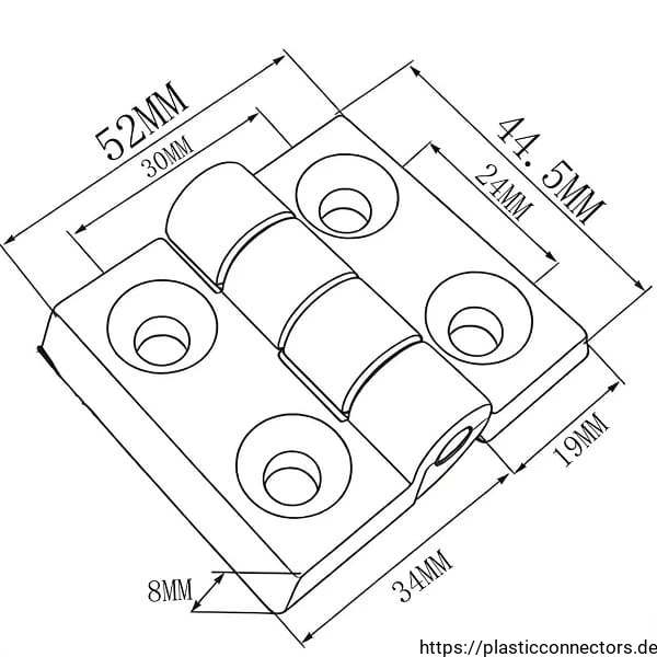 Kunststoff-Scharnier 44,5x52x8mm skizzieren